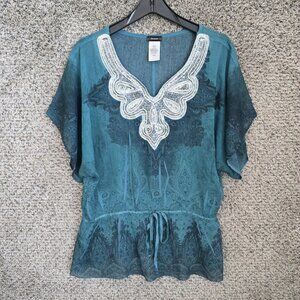 Cocomo Top Womens XL Green Sheer Blouse‎ Sequined V-Neck Waist Tie Ladies